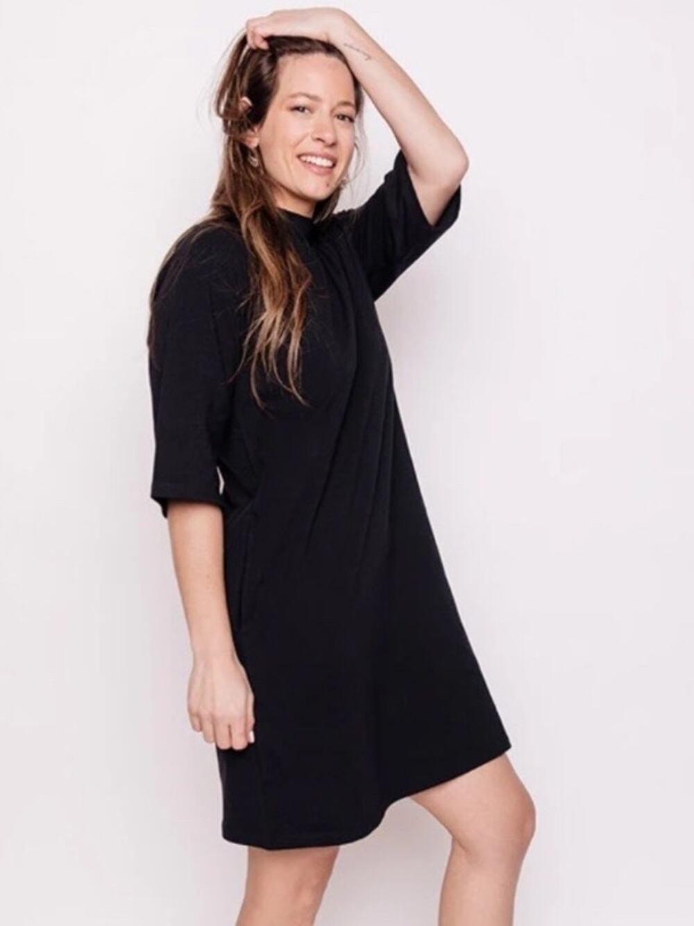 Mata Traders Eve Dress Size L Black Mockneck Pockets Knee Length Midi Modest New